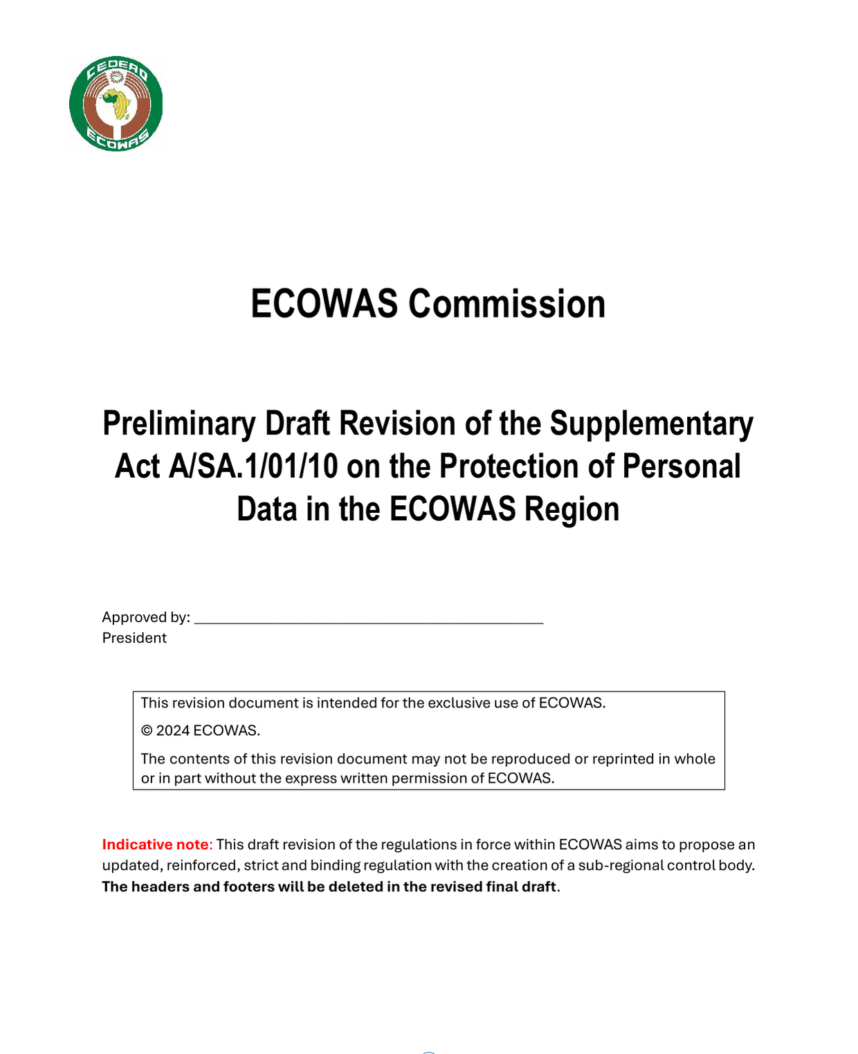 Page de couverture de l'avant-projet de révision de l'acte additionnel A/SA.1/01/10 sur la protection des données à caractère personnel dans l'espace CEDEAO, Commission de la CEDEAO